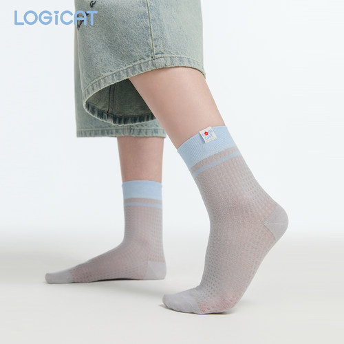 LOGICAT袜子浅蓝撞色边百搭吸汗2026夏季新款薄款透气灰色中筒袜