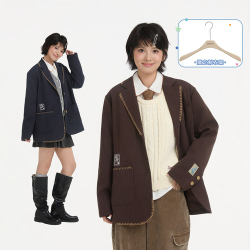 LOGICAT西装外套2026秋冬新款挺括精致竖条纹撞色包边学院风西服
