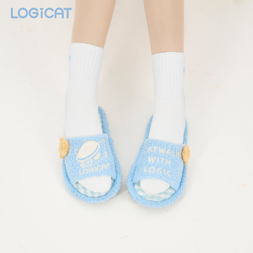 LOGICAT毛绒拖鞋秋冬保暖居家舒适防臭防滑猫咪室内一字棉拖鞋