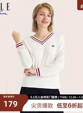 ELLE ACTIVE女装撞色针织V领T恤休闲百搭打底衫舒适亲肤长袖上衣