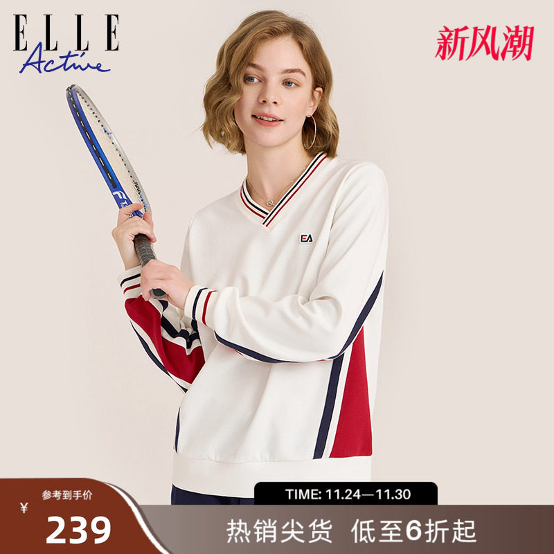 ELLE ACTIVE女装运动卫衣撞色圆领针织衫户外休闲休闲长袖