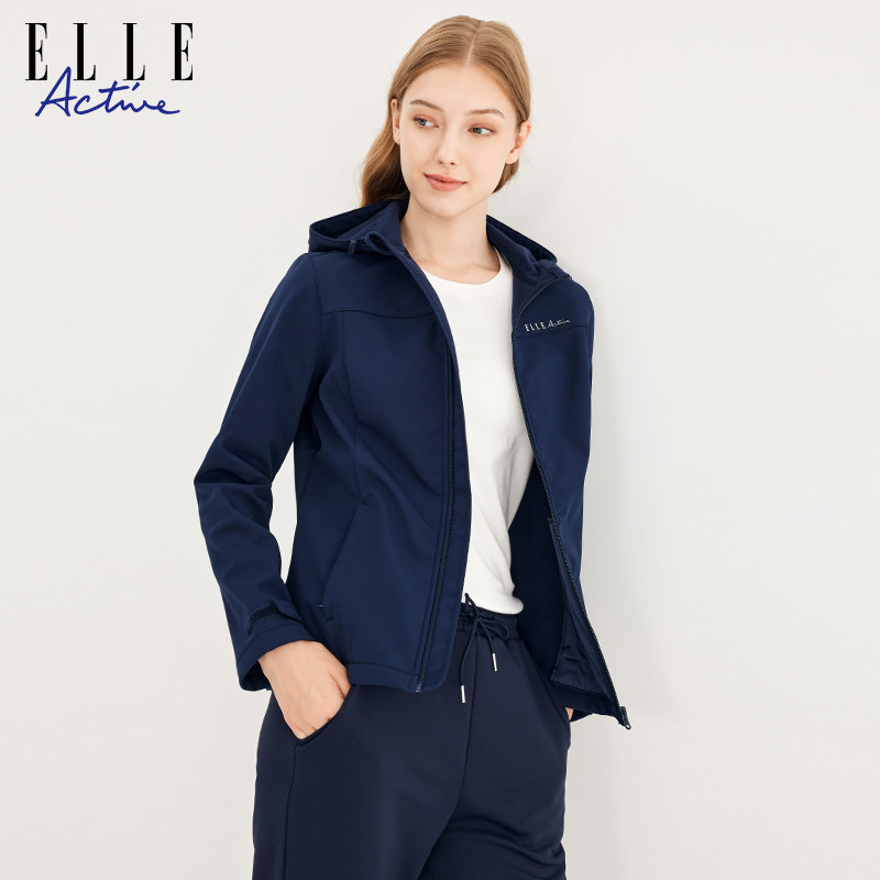 ELLE ACTIVE女装运动外套防风加绒立领连帽风衣休闲简约保暖外套