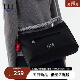 ELLE 黑色运动单肩斜挎包 ACTIVE户外休闲手工编织斜挎包女士新款