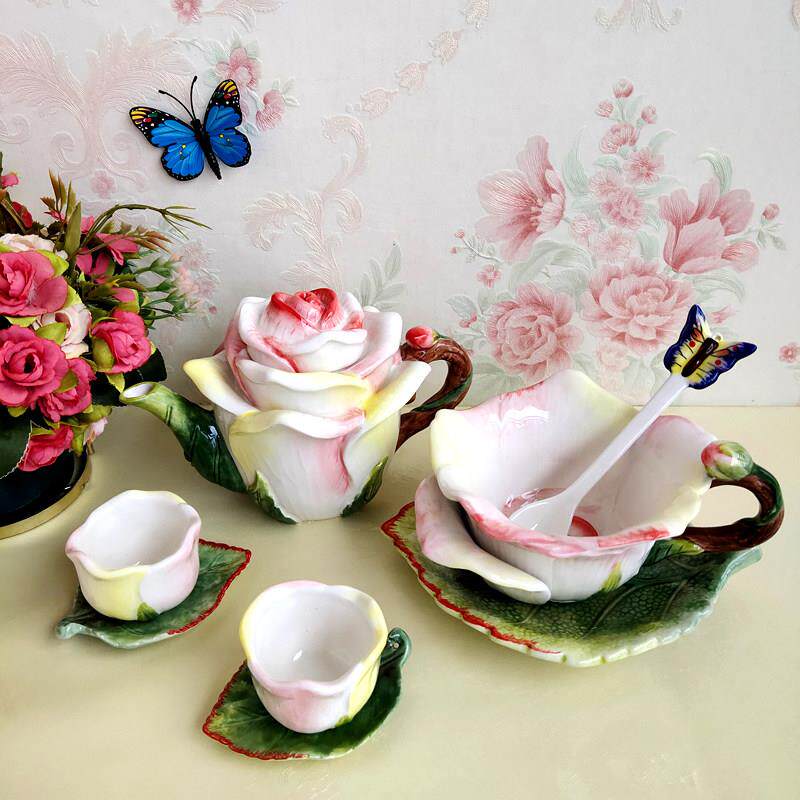 Function Art纯手绘釉下彩陶瓷玫瑰花茶具咖啡壶礼盒 欧式田园风