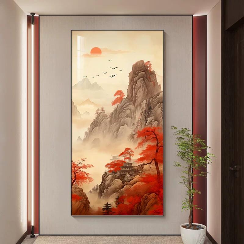 鸿运当头山水画竖版玄关装饰画中式山画靠山招财入户门正对墙挂画