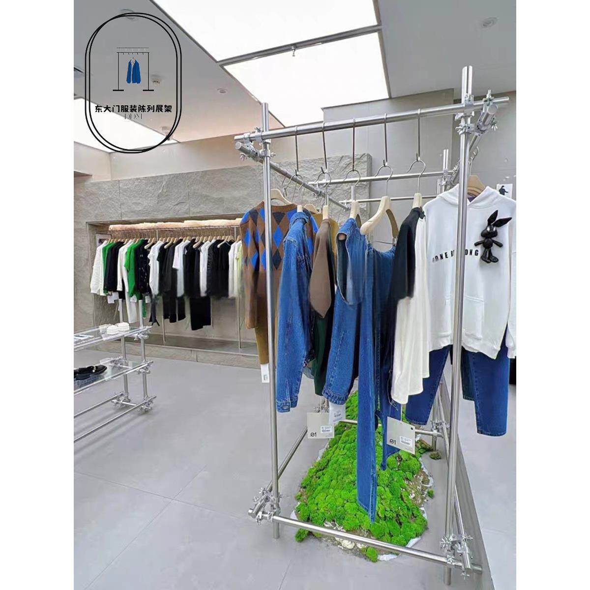 服装店展示架工业风脚手架落地式中岛架不锈钢陈列挂衣架上墙货架