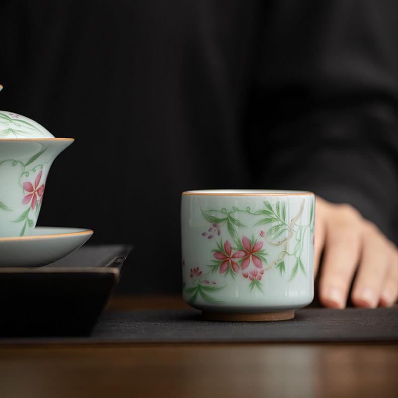 彷古青釉桃花个人专用主人杯功夫茶具家用陶瓷品茗杯直身杯