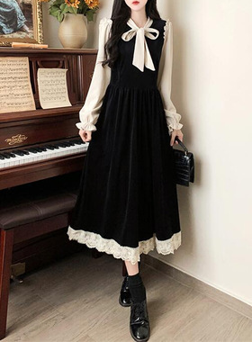 2025女装秋季新款法式复古蝴蝶结连衣裙文艺学院风甜美减龄大摆裙
