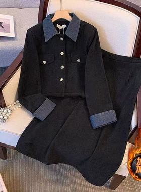 大码秋冬季胖妹妹时尚气质拼接显瘦新中式Polo领加绒连衣裙