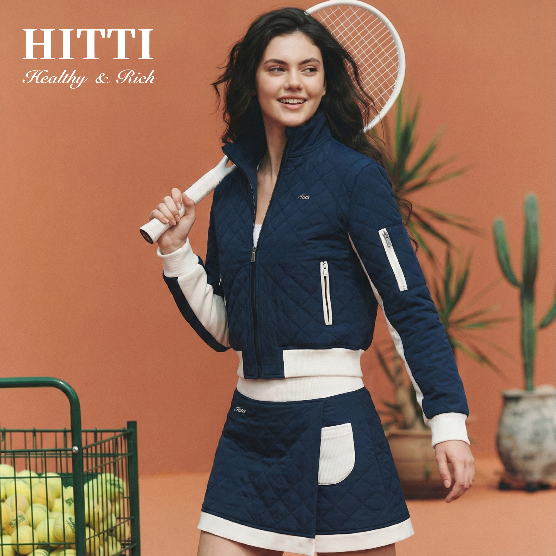 Hitti新款女士立体网格剪裁小高领棉服套装网球高尔夫保暖显瘦