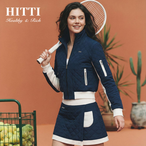 Hitti新款女士立体网格剪裁小高领棉服套装网球高尔夫保暖显瘦