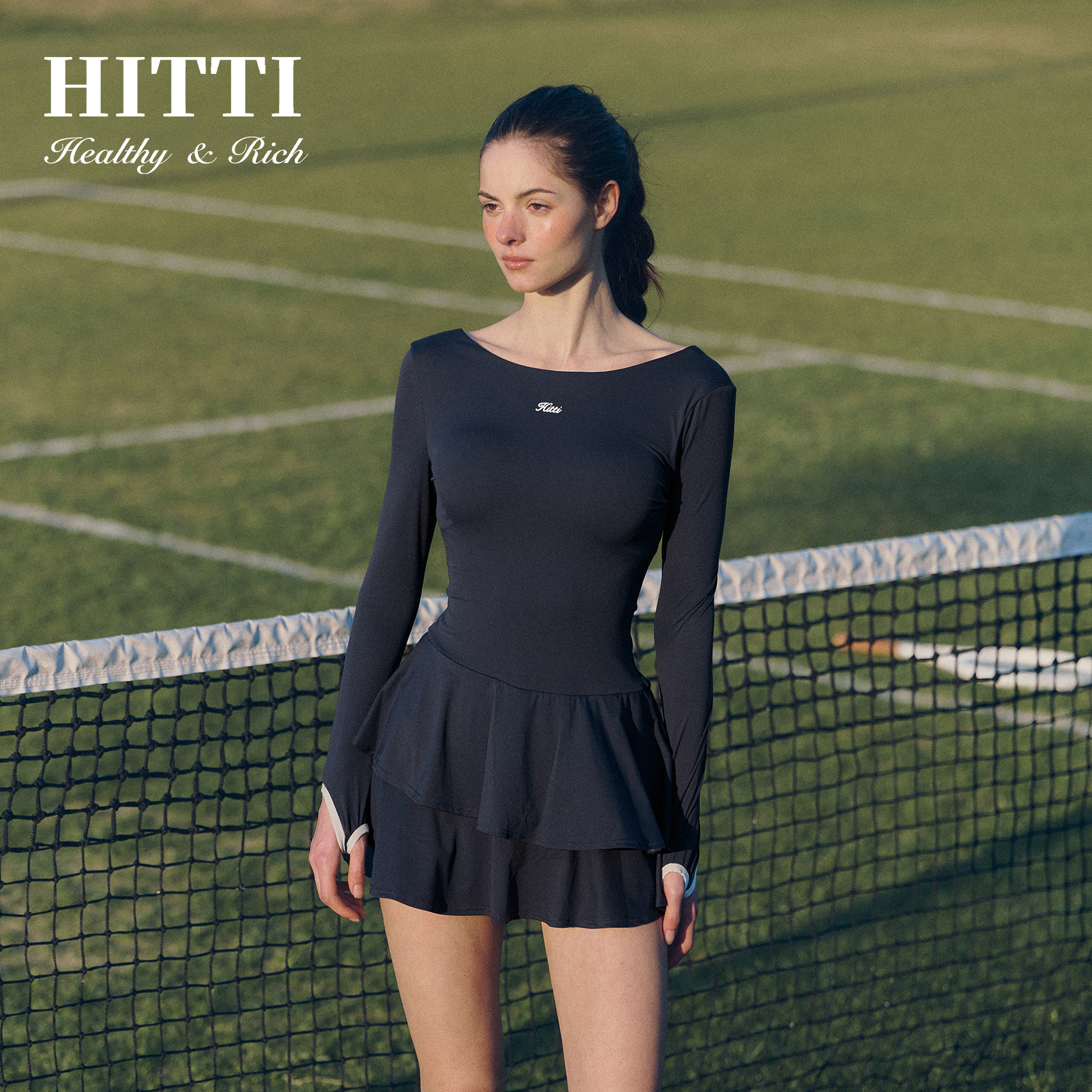Hitti新款一字领露背双层连衣裙网球运动修身显瘦大美背连衣裙