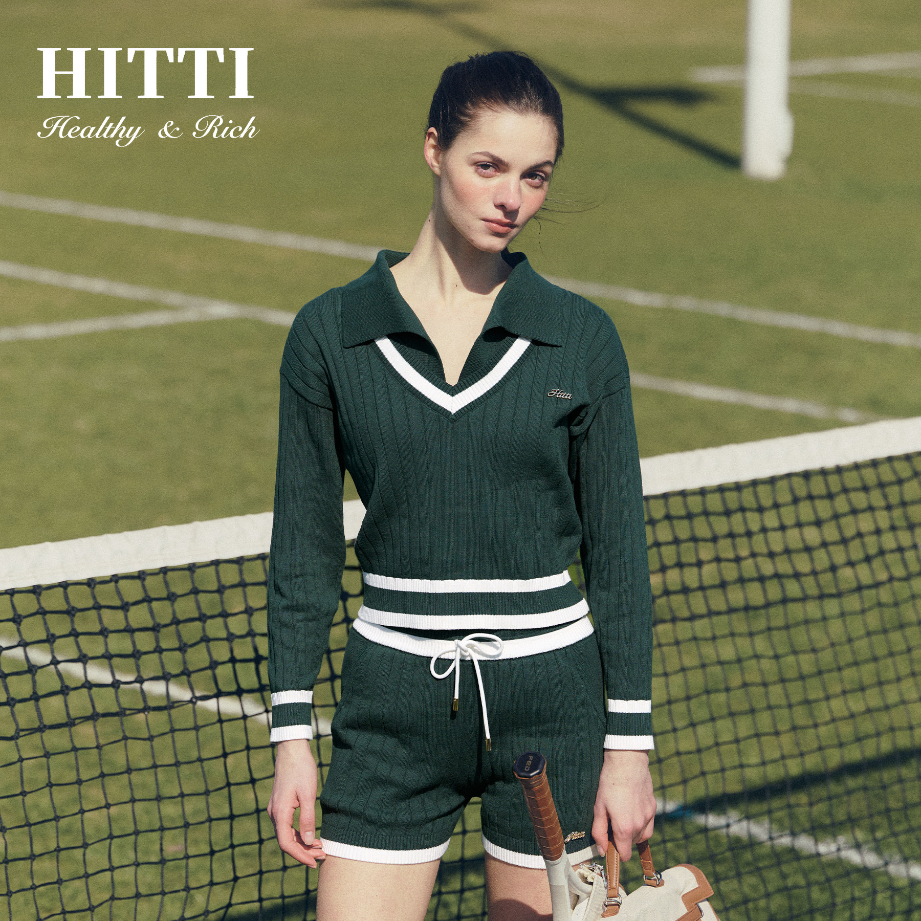 Hitti新款老钱风运动休闲套装网球高尔夫假两件v领高腰短裤套装