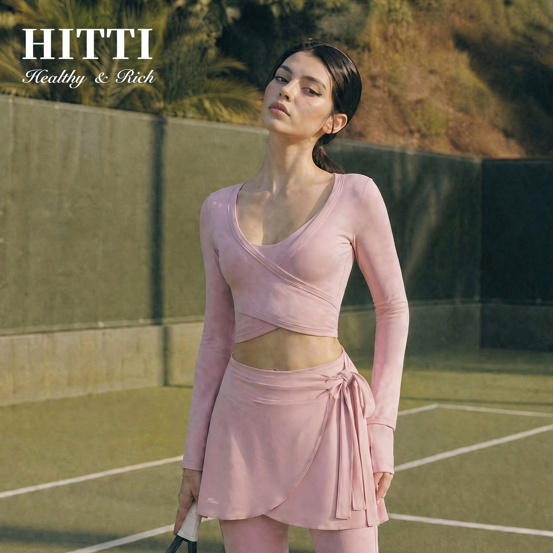 Hitti裸粉网球风瑜伽四件套女