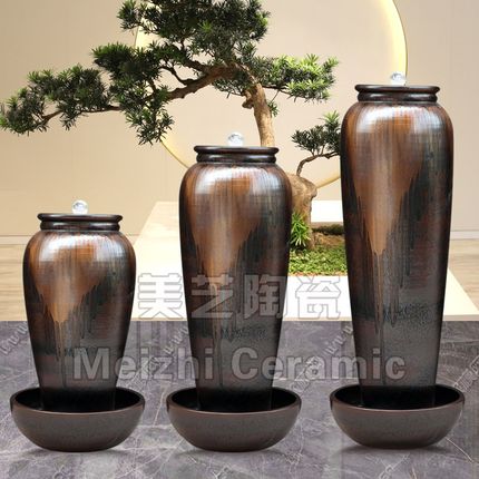 客厅复古喷泉花瓶溢水缸循环流水生财摆件大型落地加湿器景观陶罐