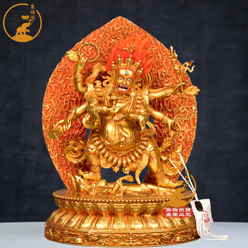 《黑六臂玛哈嘎拉》铜像摆件西藏铜全鎏金雕花客厅桌面工艺品摆饰