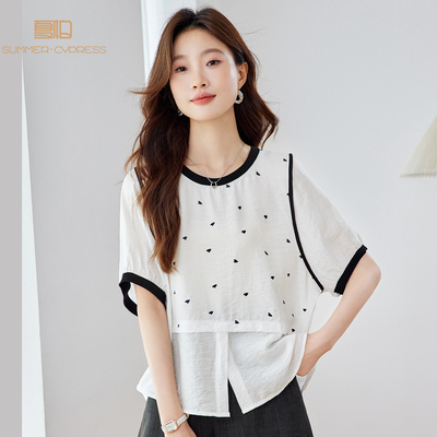 夏柏夏季蕾丝雪纺衫净色休闲上衣女式T恤