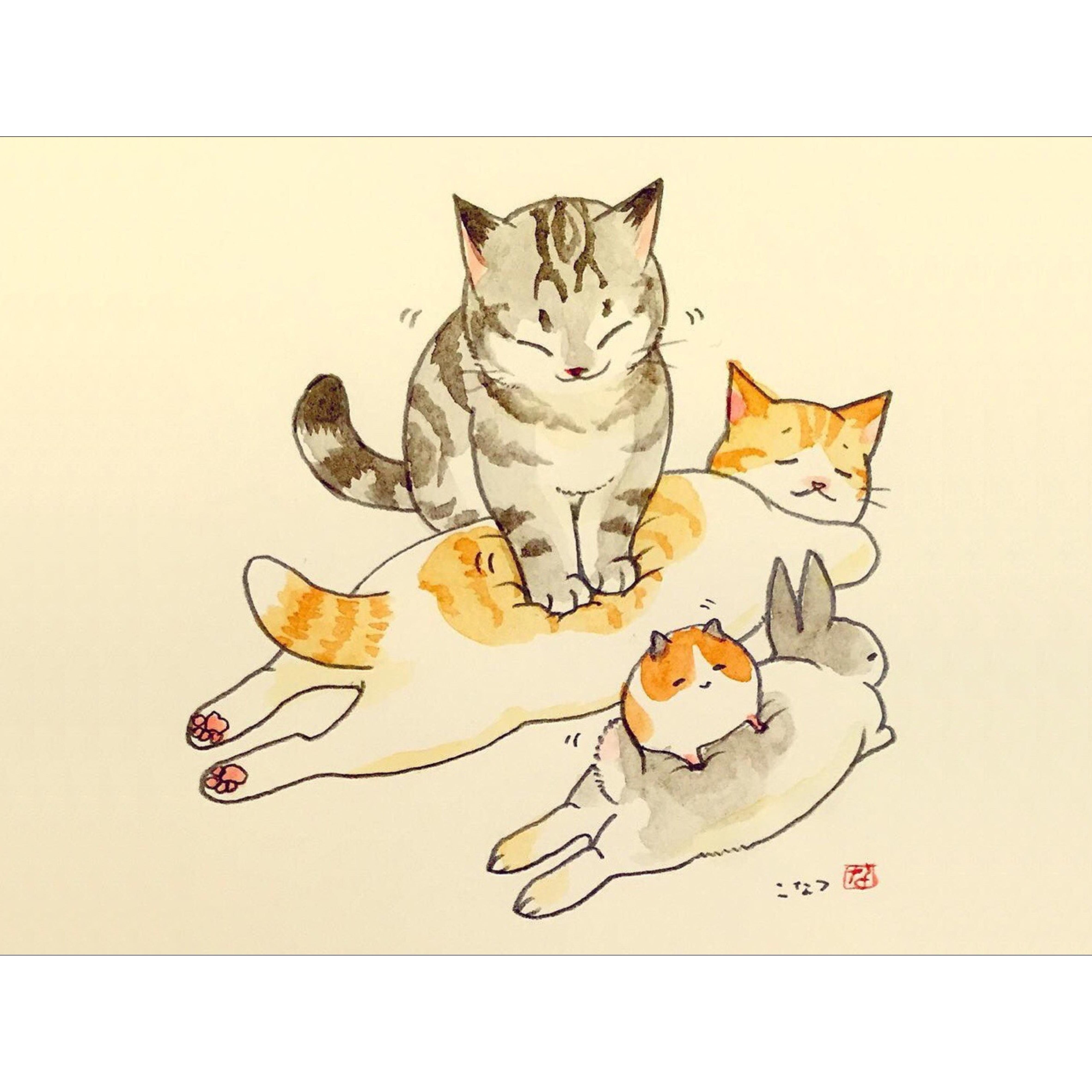 水粉画风格按摩猫咪可爱狗狗客厅卧室房间挂画壁画无框画装饰画图片