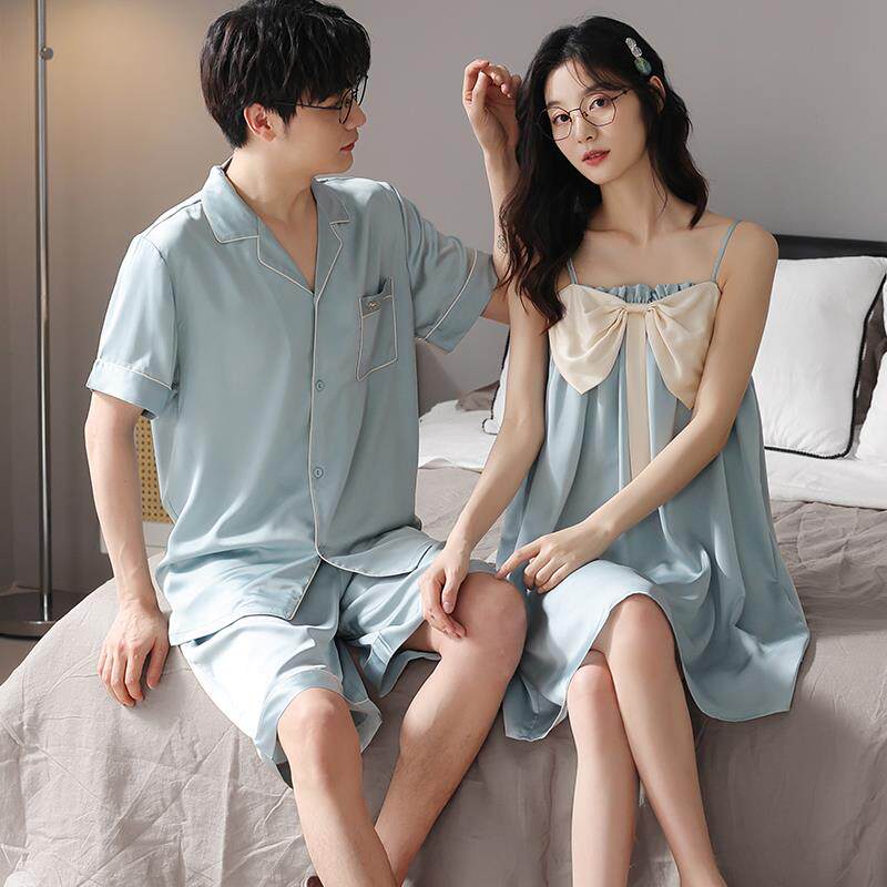 夏季情侣款睡衣女睡裙冰丝连衣裙简约大码男士短袖短裤家居服套装
