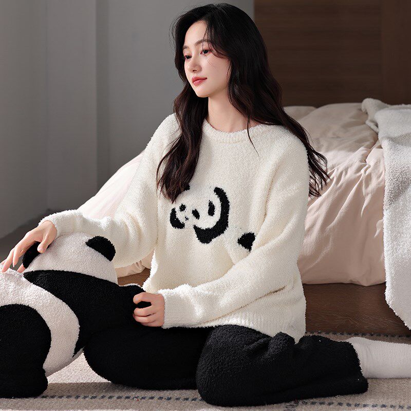 珊瑚绒睡衣女秋冬季2024新款加厚半边绒家居服可外穿套头加绒套装