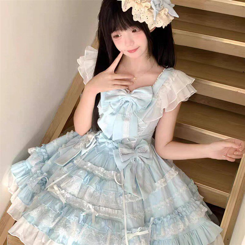 雪顶娃娃Lolita洋装蓝色doll感蕾丝蛋糕公主感jsk吊带洋装夏季