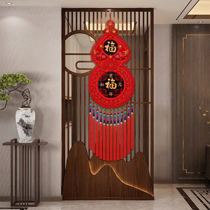 2024龙年乔迁新款葫芦中国结挂件客厅大号福字桃木镇宅背景墙挂饰