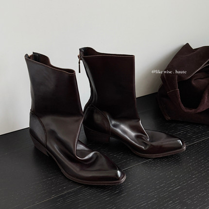 LIKE WISE HAUTE ·5cm小尖头粗跟短靴复古百搭后拉链真皮时装靴