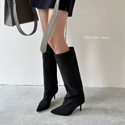LIKE WISE HAUTE · 6.5cm法式尖头细跟百搭时尚及膝宽筒靴