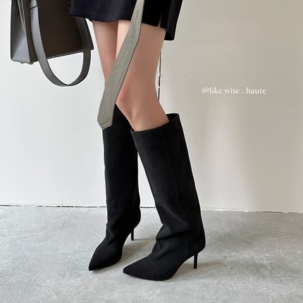 LIKE WISE HAUTE · 6.5cm法式尖头细跟百搭时尚及膝宽筒靴