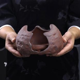 复古粗陶茶炉围炉煮茶酒精炉底座老岩泥圆钵碳炉温茶陶泥炉子 中式