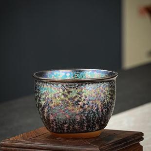 七彩柴烧建盏复古茶杯大师级纯手工中国风茶具变色大号陶瓷主人杯