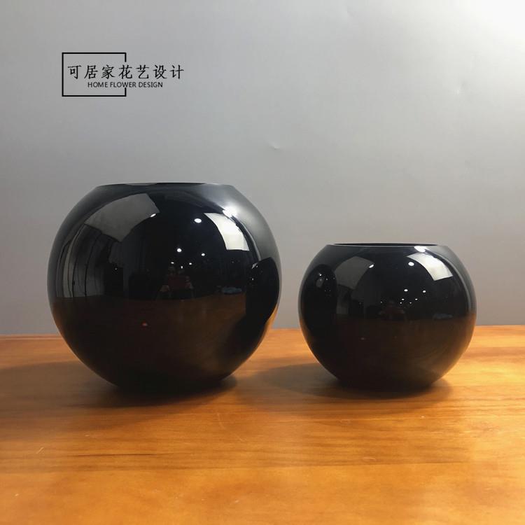 黑白色玻璃圆球形方缸水培花瓶花盆器皿 家居婚庆插花本色可放