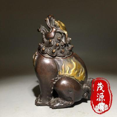 纯铜鎏金瑞兽朝天吼狮子熏香炉摆件家用茶道铜香炉摆件老铜器收藏