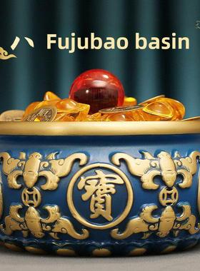 纯黄铜蓝色聚宝盆桌面装饰品新办公室开幕乔迁存钱罐米圆筒装饰收