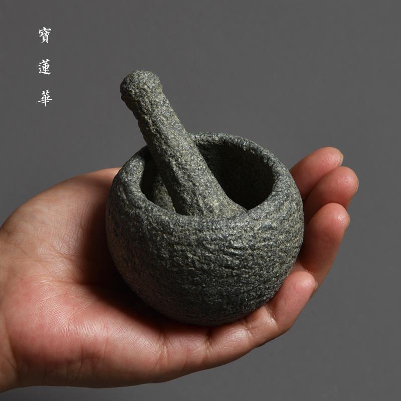 手工青石小石臼 中式古典石擂钵 石茶宠手把件石头捣蒜器禅意摆件
