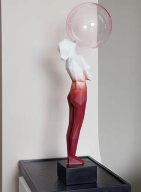 吹泡泡女孩红色渐变人物雕塑雕像客厅艺术摆件美容院医美软装饰大