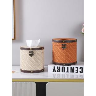 家用客厅桌面纸巾盒餐桌圆形创意高档轻奢皮革卷纸筒卫生间抽纸盒