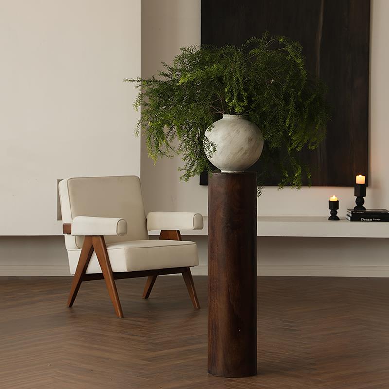 形上侘寂景德镇手工大圆罐实木墩子底座白色花瓶客厅玄关摆件装饰