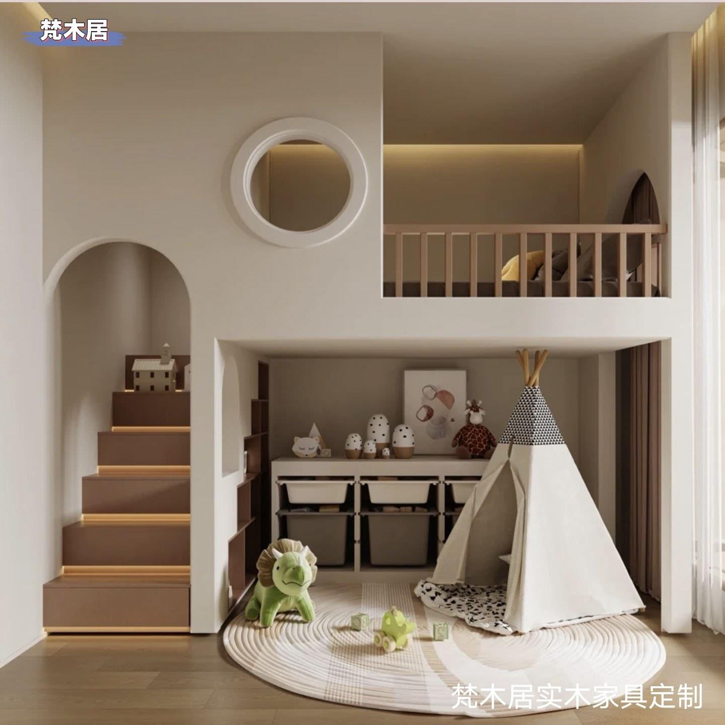 简约实木单层高低床儿童房树屋双层床公主城堡床上床下休闲带滑梯