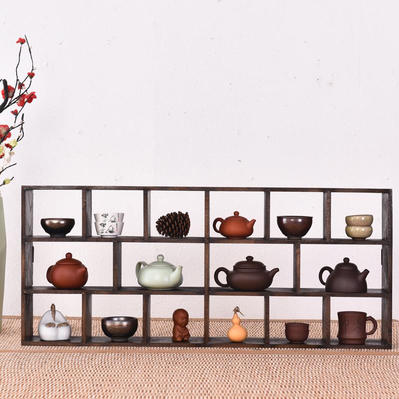 小博古架 古董紫砂茶壶架子 烧桐木中式多宝阁置物架 实木展示架