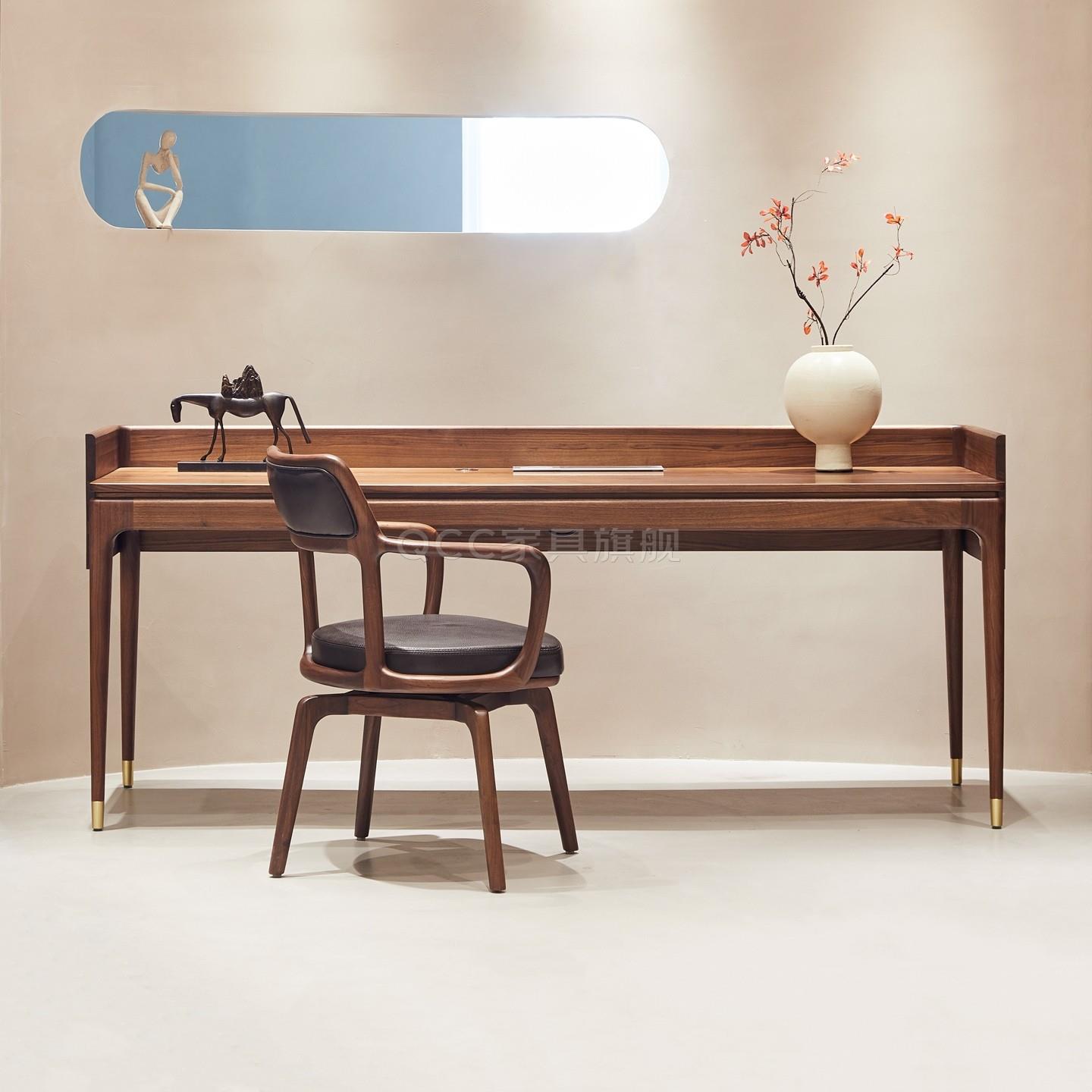 意式极简书桌北美黑胡桃木电脑桌实木穿线孔写字台家用简约办公桌