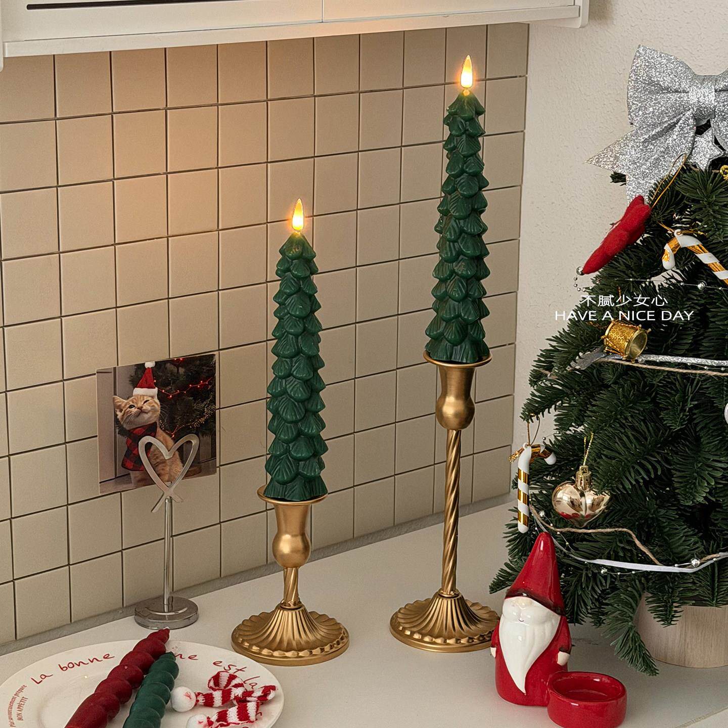 卡通圣诞树杆蜡定时遥控松树杆蜡led电子蜡烛灯圣诞节ins装饰灯