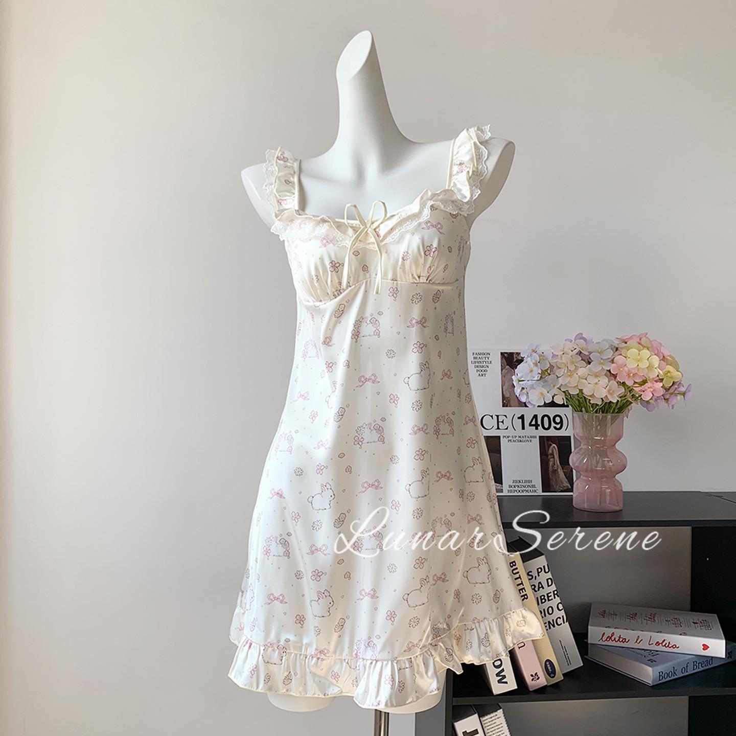 软萌*甜美少女吊带睡裙女带胸垫蛋糕裙蕾丝睡衣套装春秋款家居服