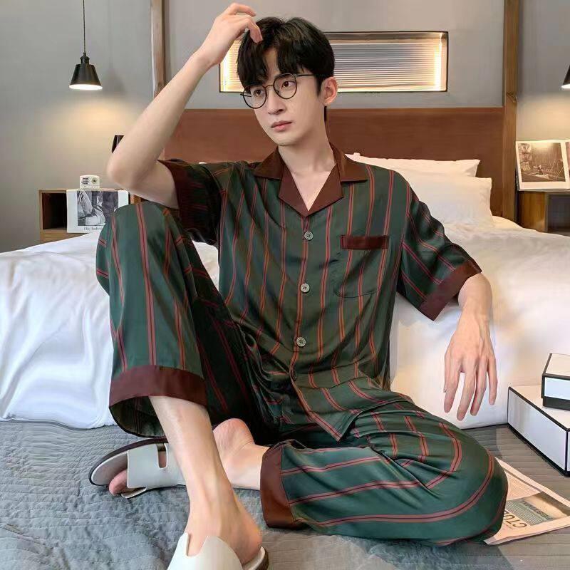 翻领潮汕睡衣男士春秋季冰丝绸短袖薄款丝绸夏天空调房家居服套装