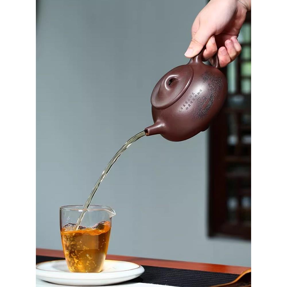 紫砂壶石勺大容量球孔宜兴名纯全手工雕刻画原矿老紫砂茶具荆州