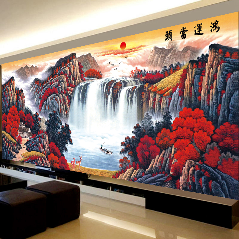 新款十字绣2021鸿运当头客厅满绣大幅2米流水生财山水风景画全绣