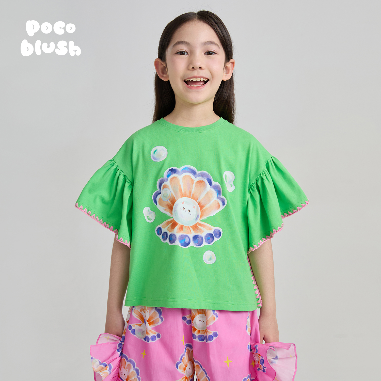 贝壳珍珠猫印花T恤透气宽松短袖