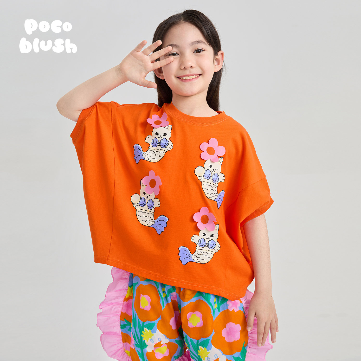 夏威夷鱼尾猫蝙蝠衫T恤立体绣花