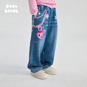 pocoblush 2026秋冬女童卡通印花长裤 气球粉兔 柔软丹宁休闲裤