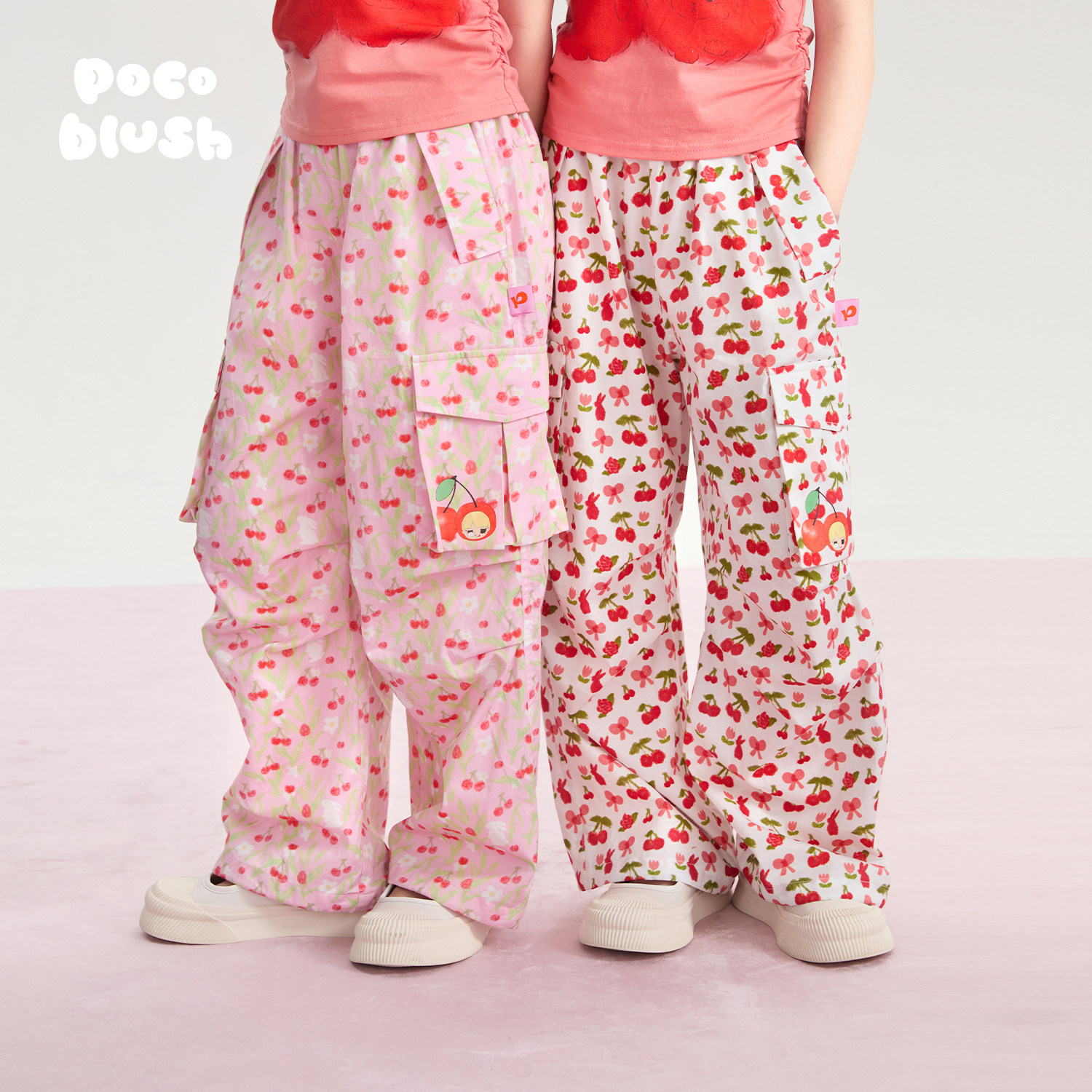 pocoblush【樱桃花海】降落伞工装裤子女童夏款甜美印花纯棉长裤